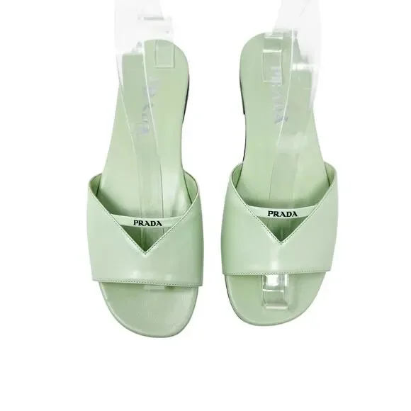 Prada Acqua Green Leather Flat Slide Sandals Size 38 with Box